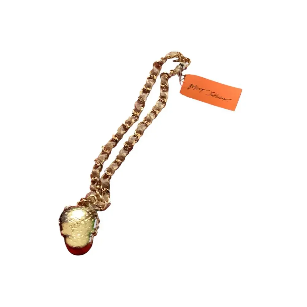 Betsey Johnson Ribbon Chain Collar Choker Crystal Pave Sugar Rose Skull Necklace